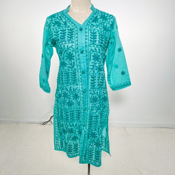 Vintage Other - Vintage 70s S Boho Embroidered Tunic Dress Green